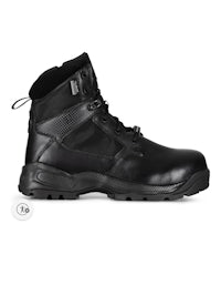 a men's black leather work boot on a white background